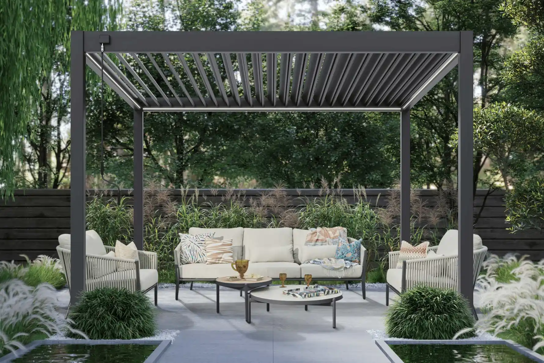 Louvered pergola over an outdoor lounge