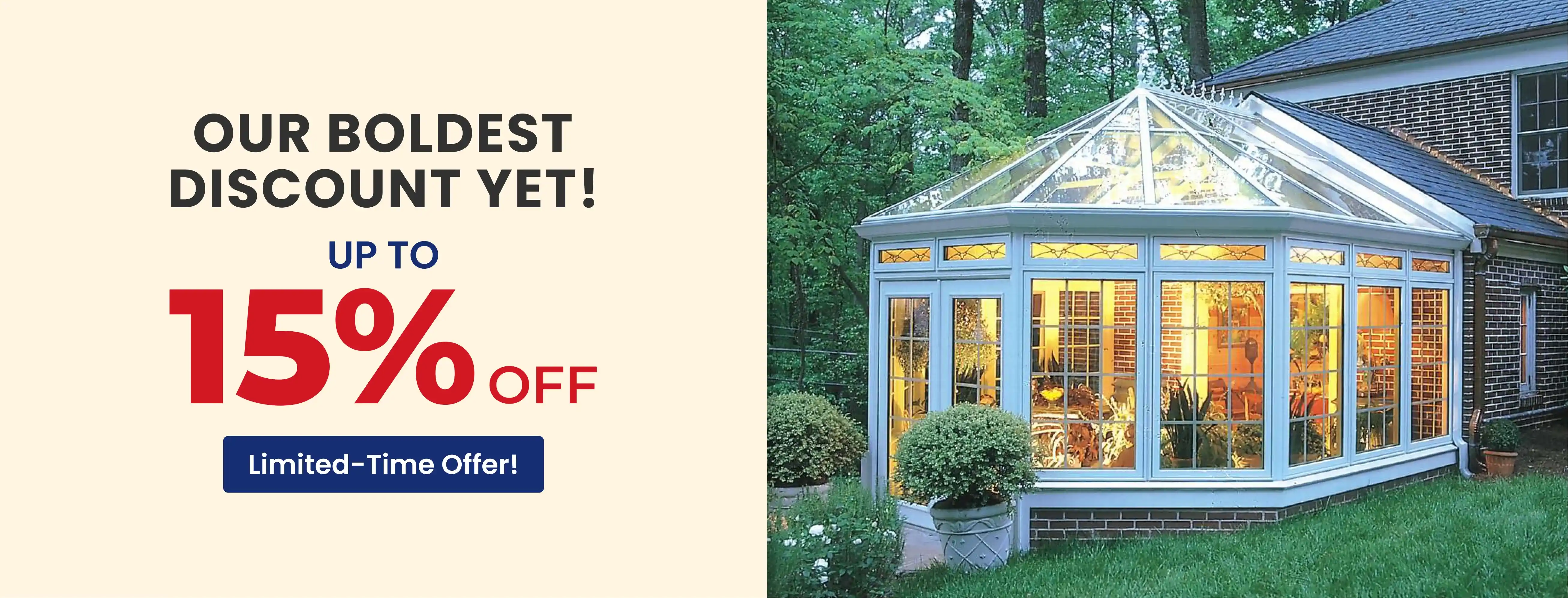 Limited-time offer: up to 15% off solariums (glass-roof sunrooms)