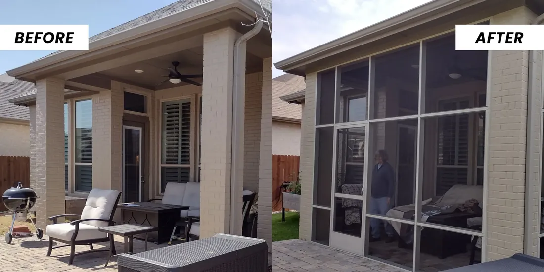 A furnished covered patio open to the yard, then the same space screened from post to post.