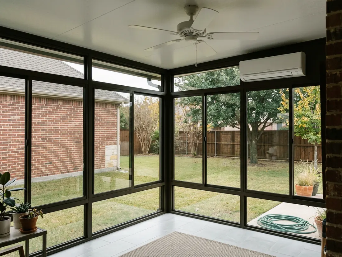 Corner of a thermally broken bronze window frame with double-pane low-E glass on a North Texas patio room
