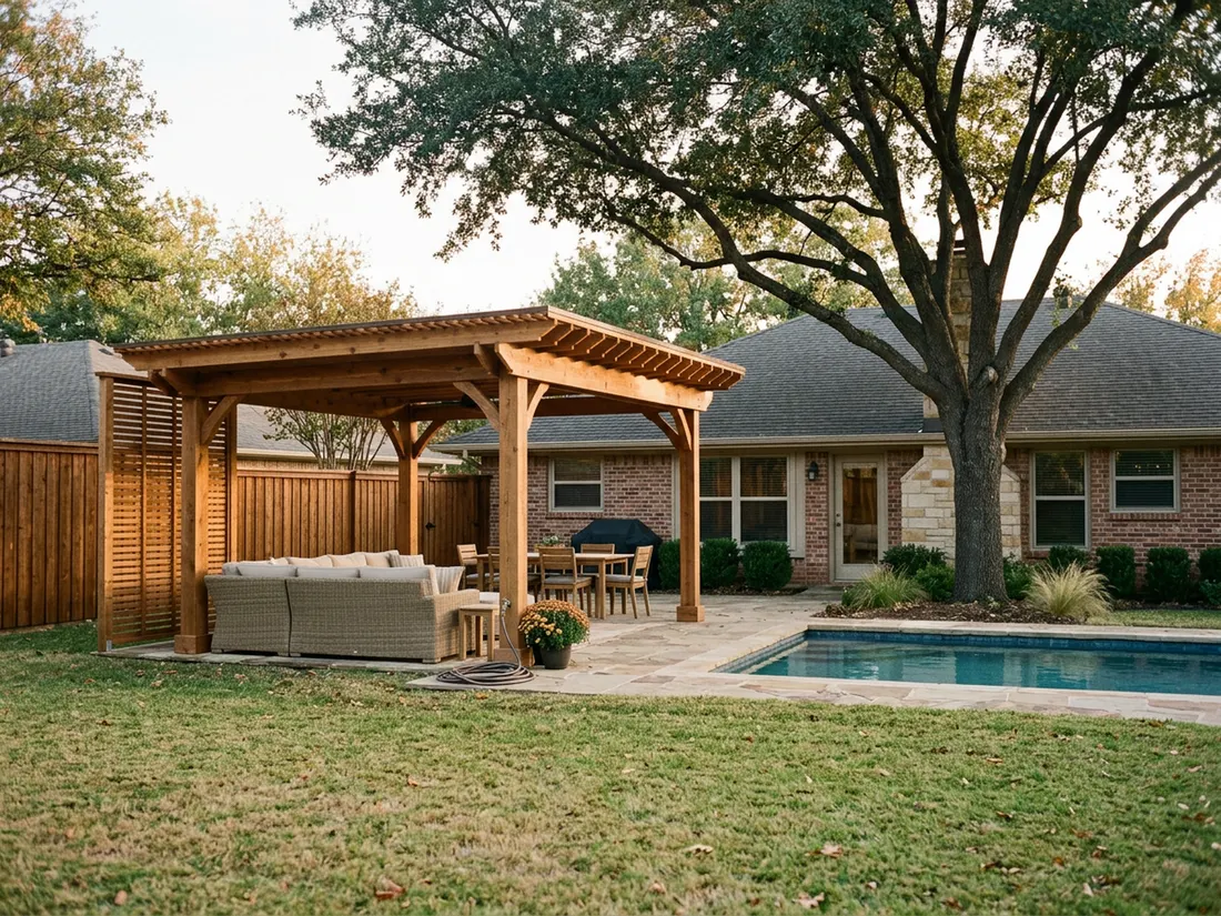 Cedar pergola with half-solid roof over patio seating beside a pool in a North Texas backyard