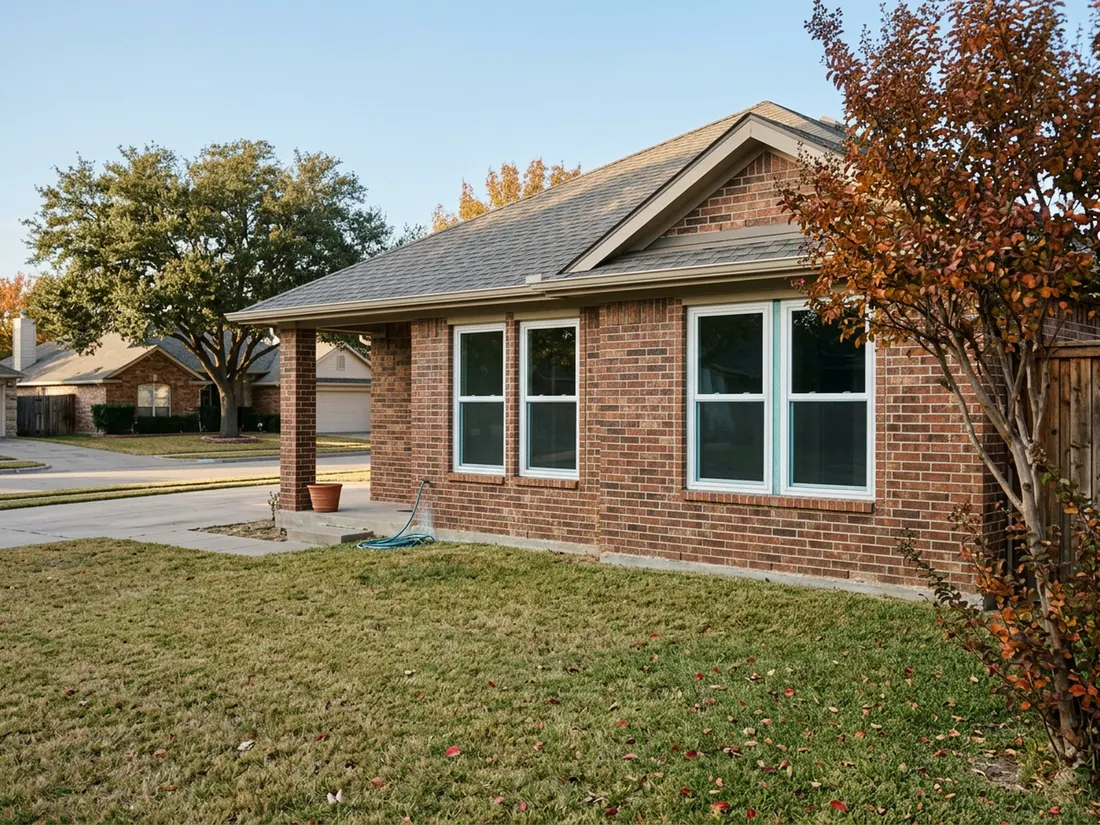 Full brick ranch house in Dallas–Fort Worth with tightly sealed white replacement windows in autumn light