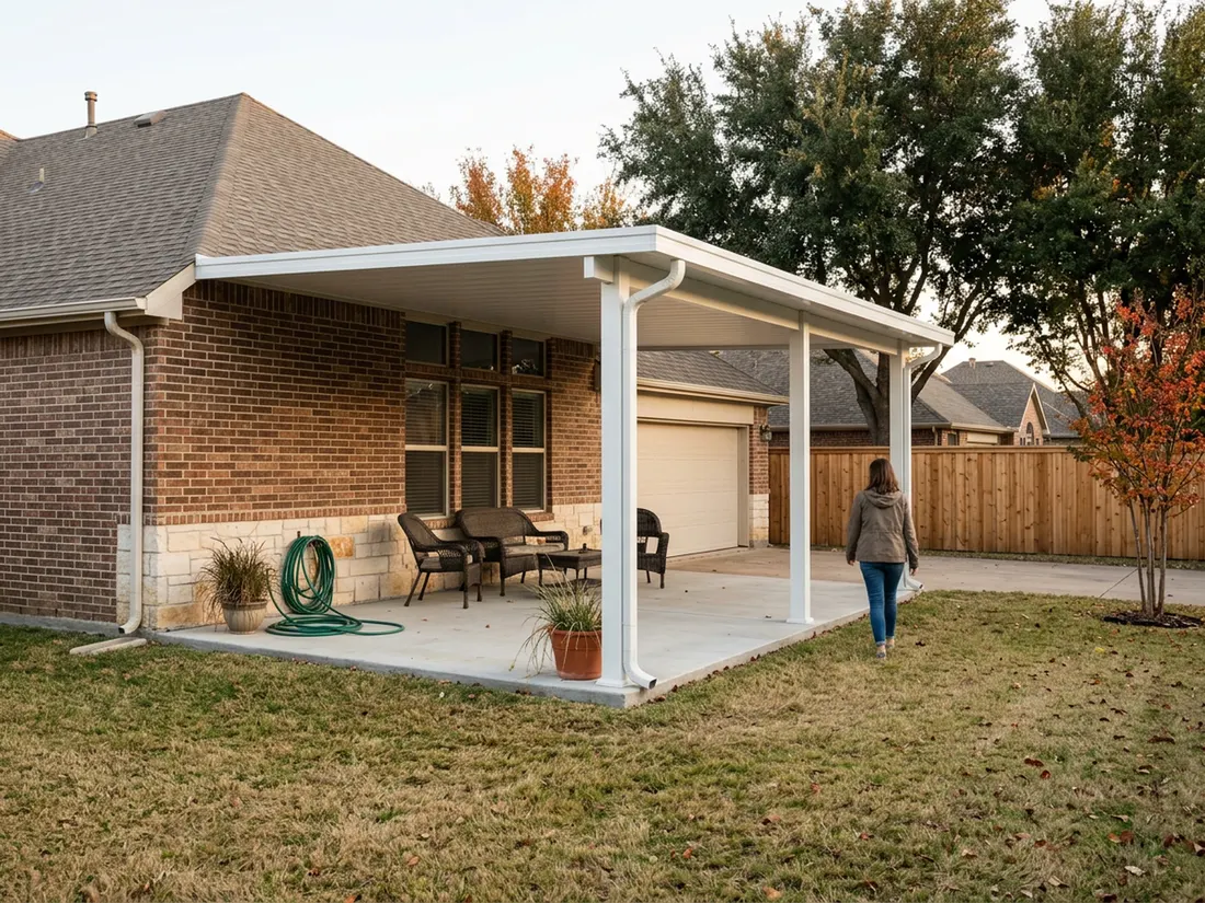 Newly built white aluminum patio cover with gutters attached to a brick home in a Dallas suburb