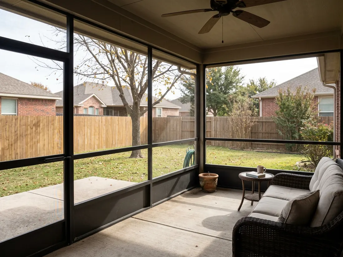 Inside a screen room, a ceiling fan and sofa face a sunny Texas backyard