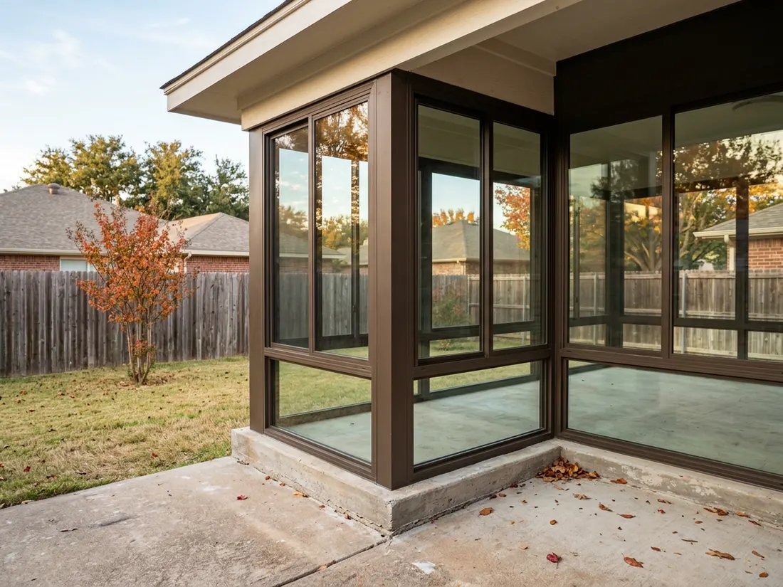Sunroom frame anchored to concrete patio slab beneath existing covered roof of DFW home