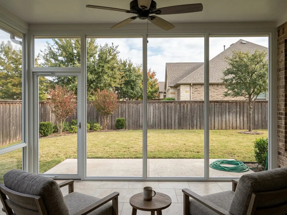 Interior view of an enclosed patio with large windows looking out at a North Texas backyard