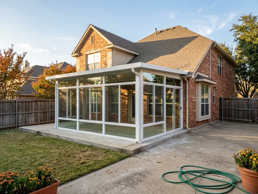 Finished glass and screen patio enclosure attached to the back of a North Texas brick home