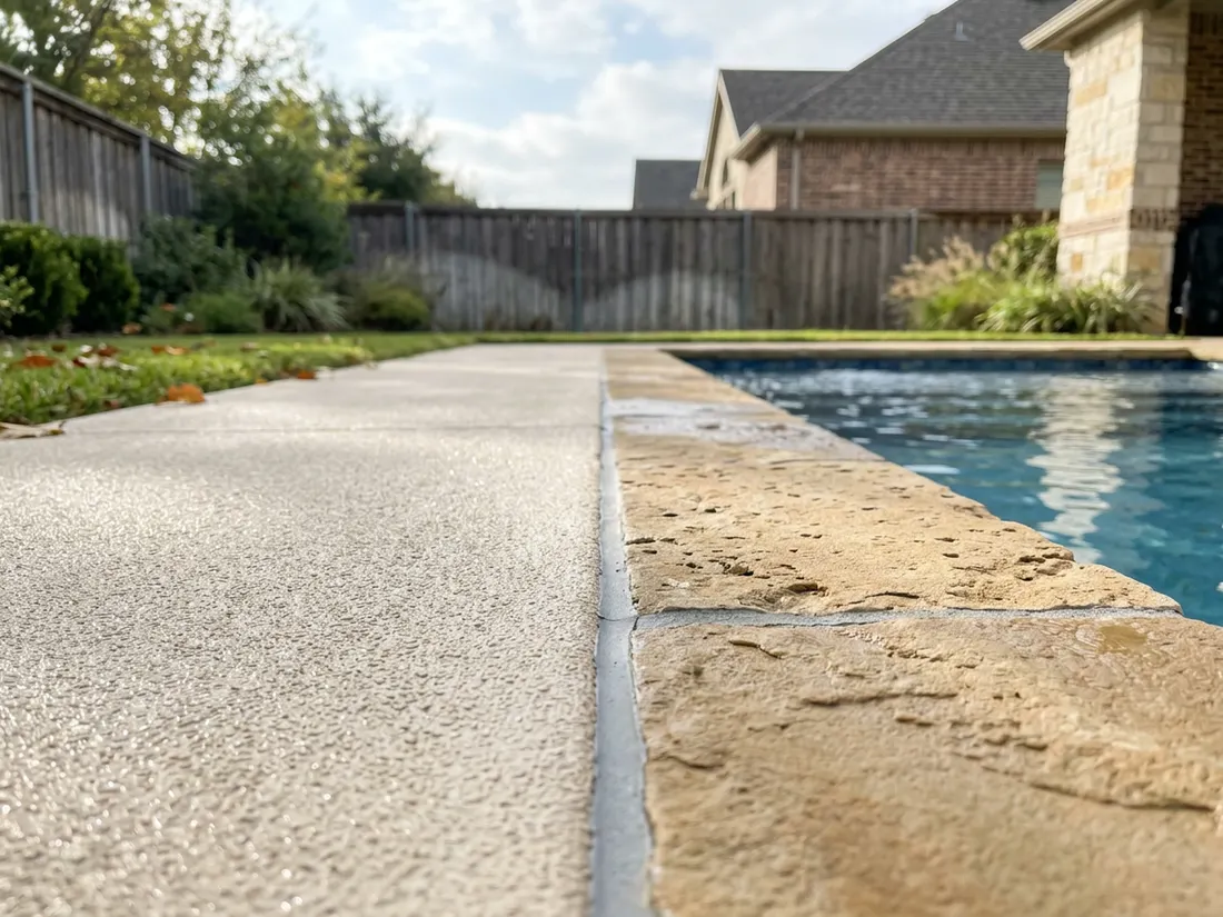 Close view of a light, fine-textured coated pool deck beside limestone coping with morning dew on the surface