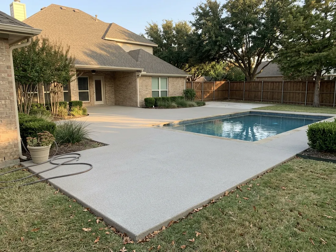 Freshly coated light gray pool deck and patio beside a rectangular pool behind a tan brick Texas house in October light