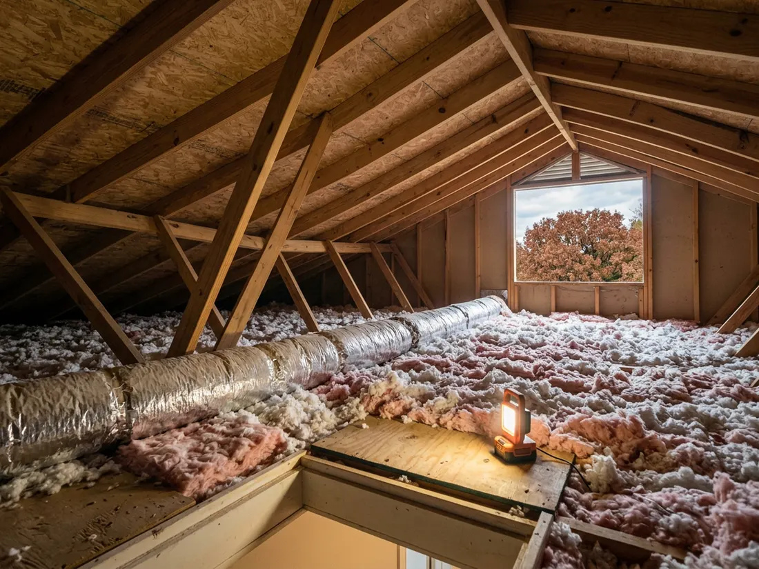 Deep blown-in insulation and wrapped ductwork across a North Texas attic floor in autumn light