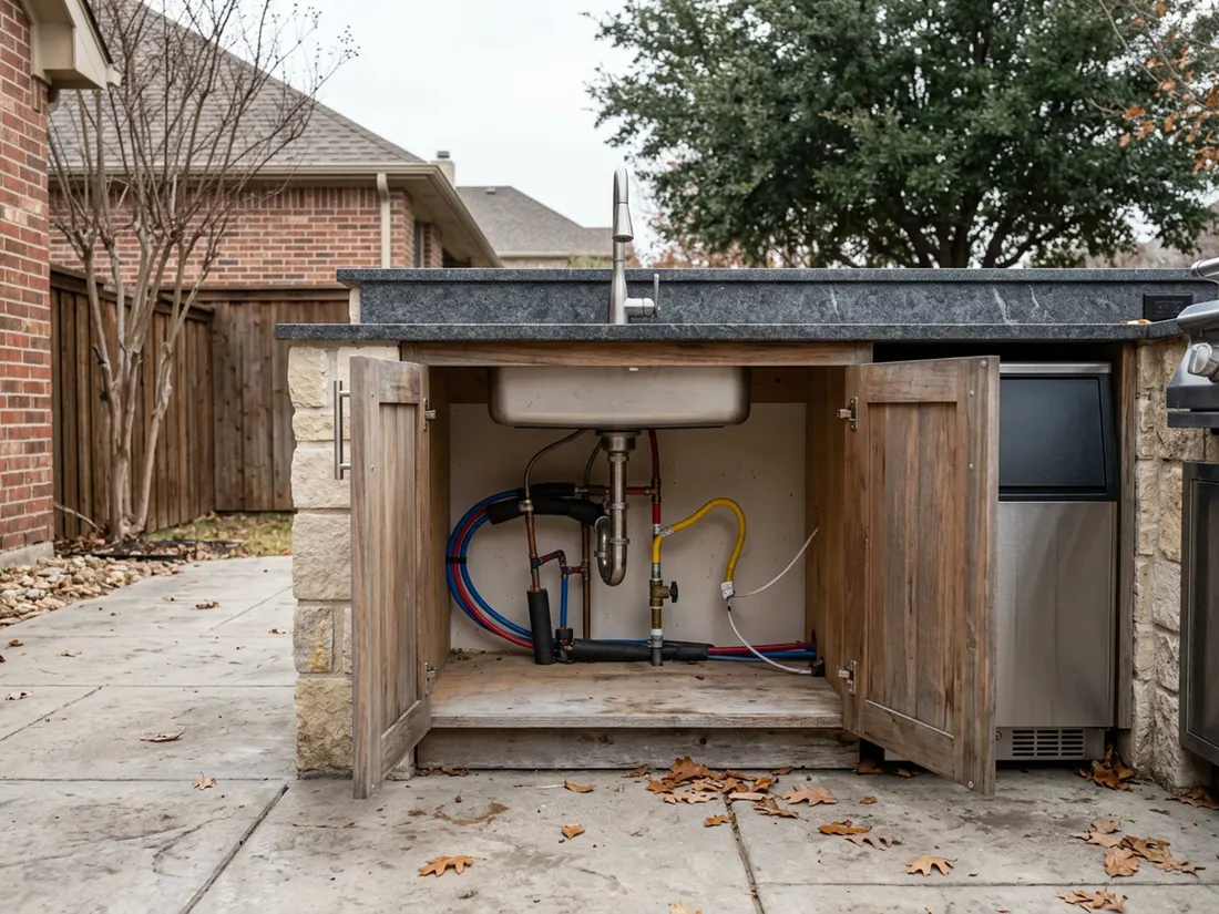 Open outdoor kitchen cabinet showing sink supply lines, gas shutoff and ice-maker line under the counter