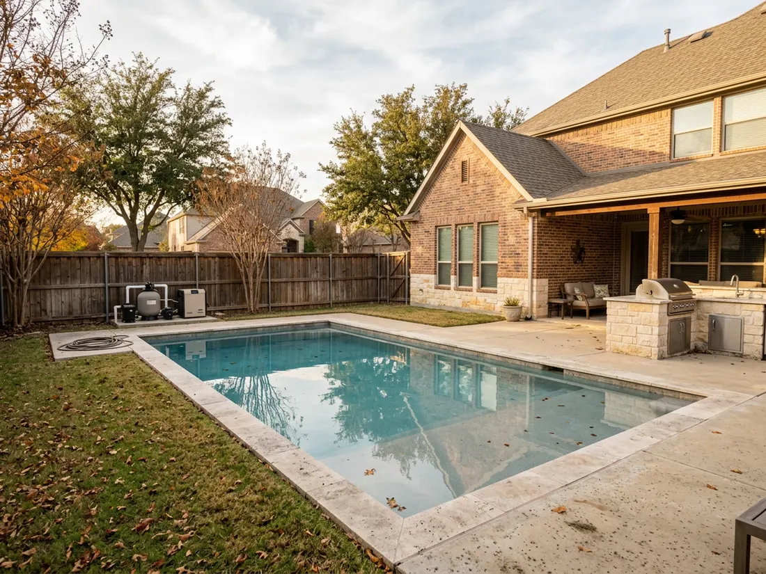 Wide view of a full Plano backyard pool with travertine coping and an outdoor kitchen in fall