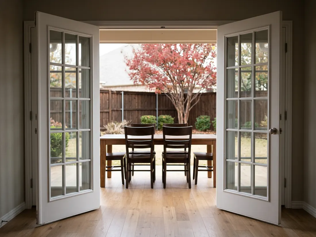 Pair of white French doors swung inward in a dining room, with clear floor space before the table