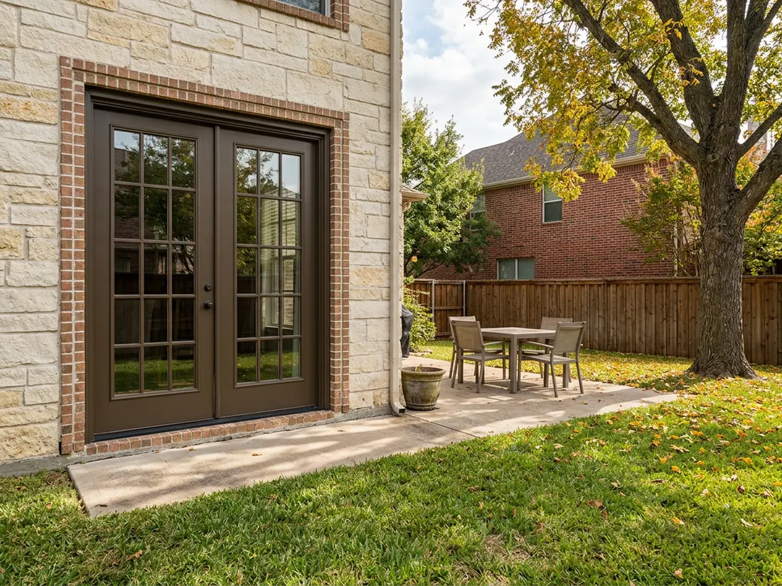 Closed bronze French doors with matching grilles on a limestone Colleyville home, patio and fall pecan tree outside