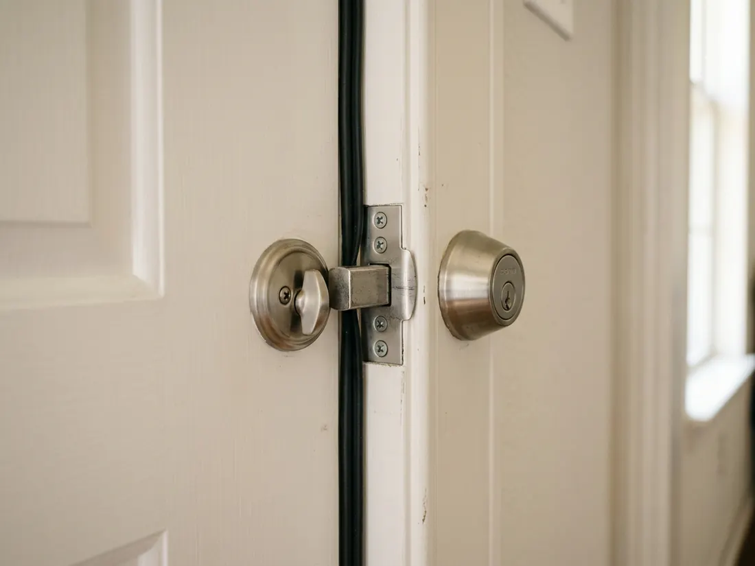 Close view of a reinforced strike plate with long screws on a front door jamb