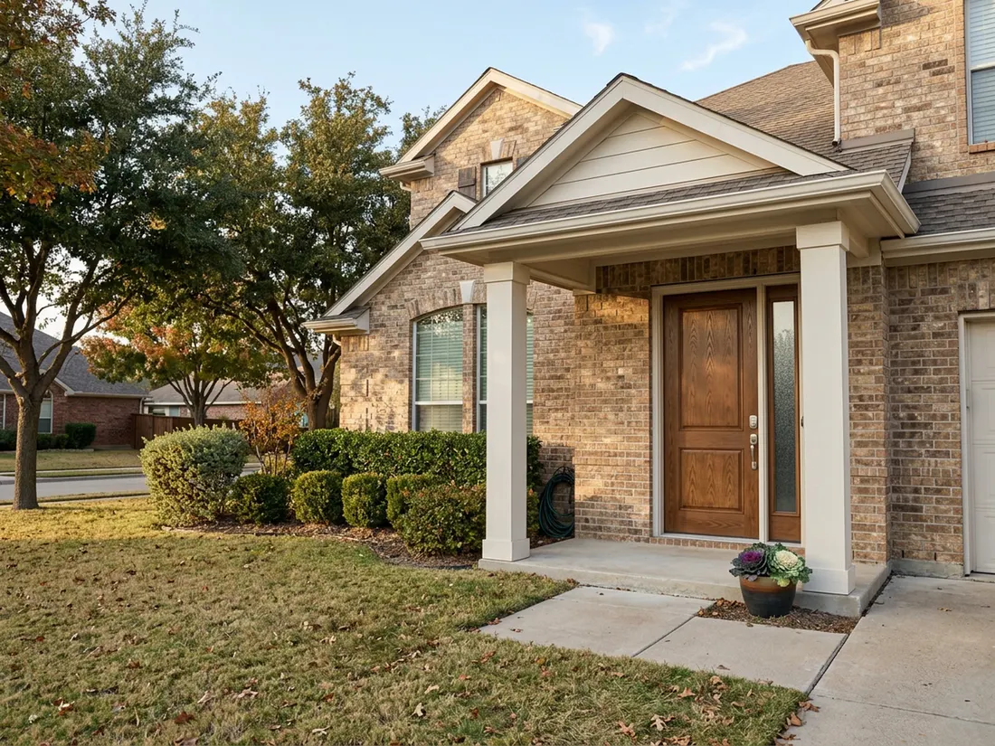 Stained fiberglass front door with a frosted sidelite on a tan brick home in North Texas