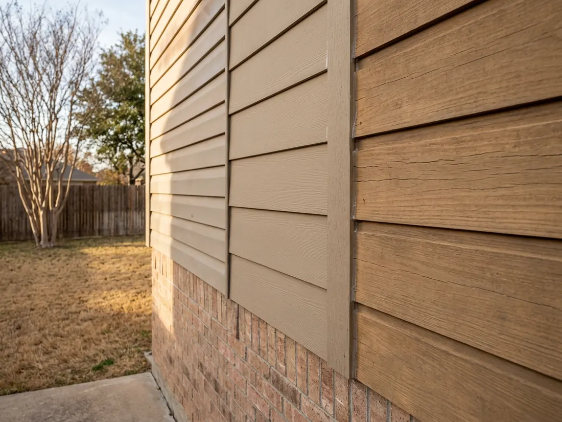 Vinyl, fiber cement, and wood siding samples compared on a sunlit Texas house wall