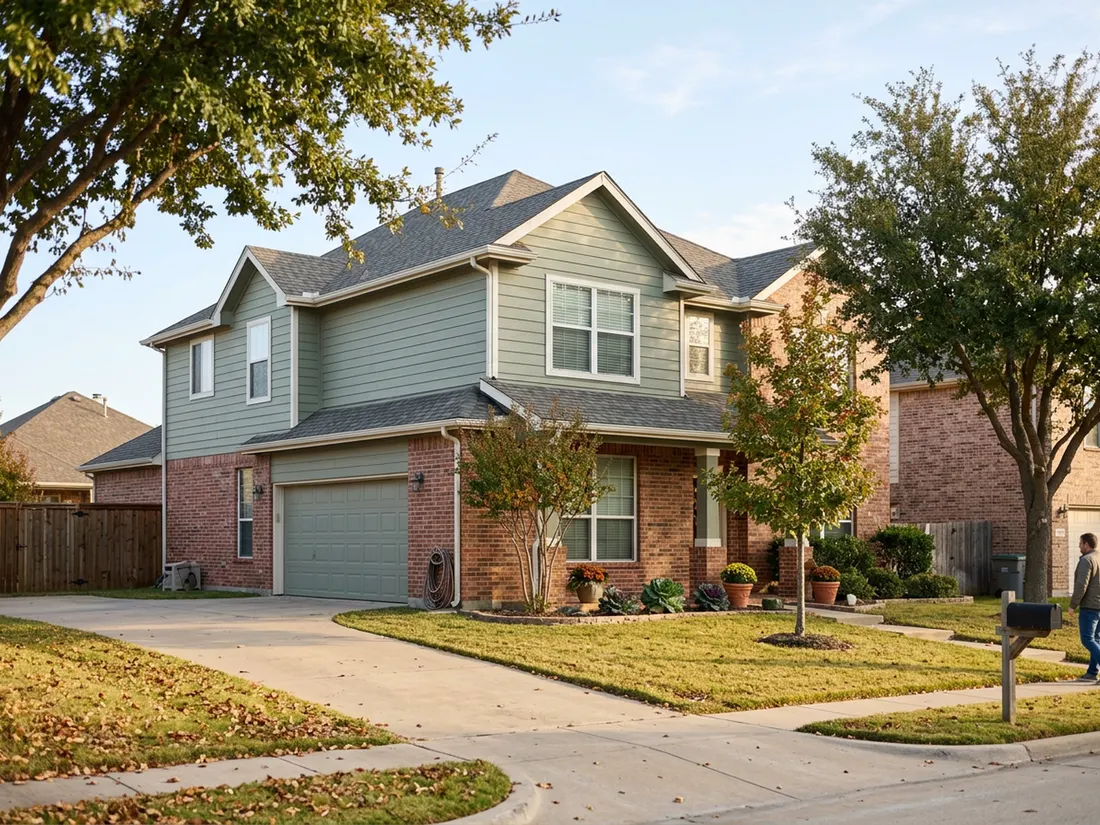 Two-story North Texas home with sage-green fiber cement lap siding in warm fall afternoon light