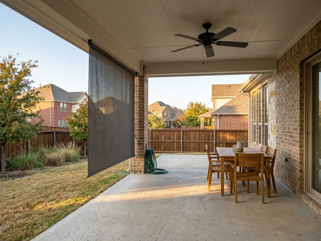 West end of a covered North Texas patio with a side screen and late-afternoon sun