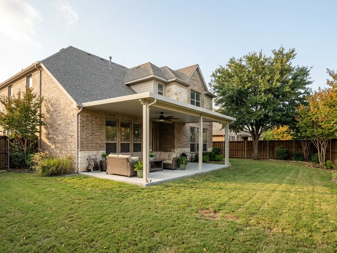 Attached insulated panel patio cover with ceiling fan over a North Texas backyard patio