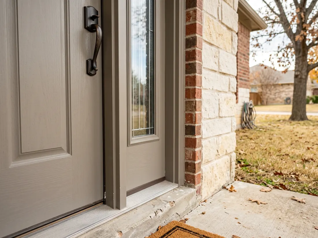 Close view of double-pane low-E glass set in a new insulated fiberglass front door