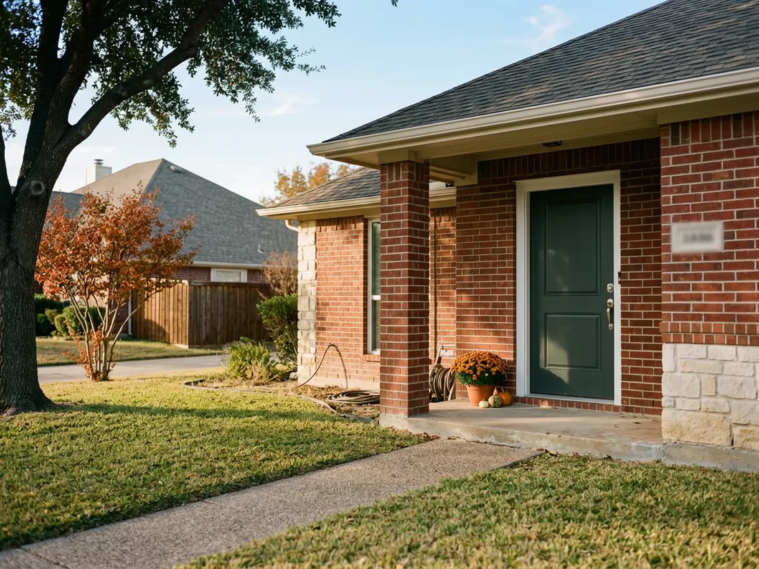 New charcoal-green insulated front door with nickel deadbolt on a brick DFW home in fall