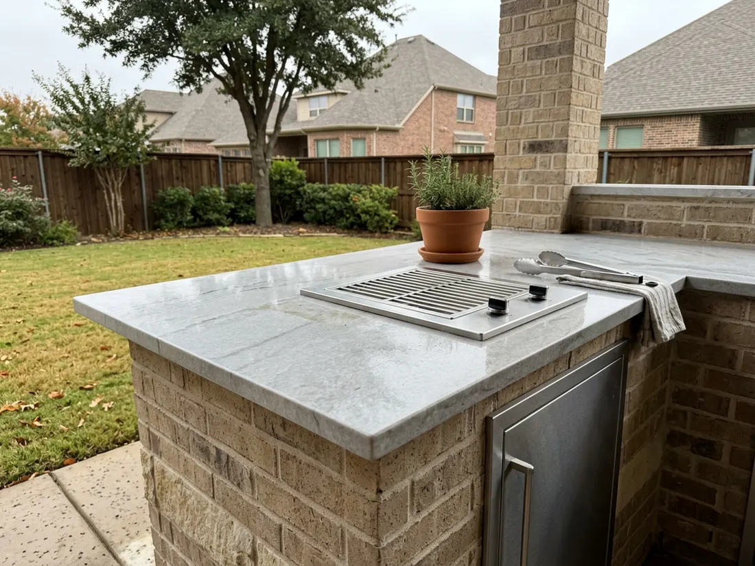 Close view of a light granite outdoor kitchen counter beside brushed stainless cabinet doors on a North Texas patio