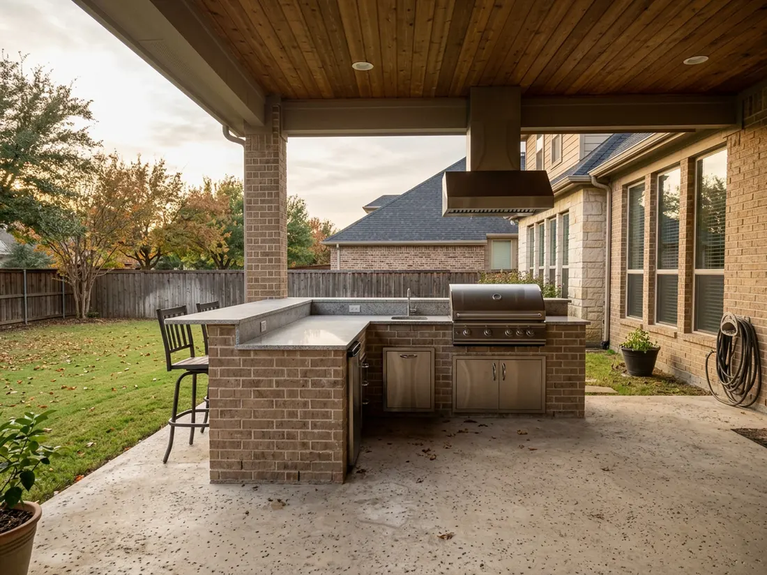 Built-in outdoor kitchen island with stainless grill under a covered patio on a North Texas brick home in autumn light