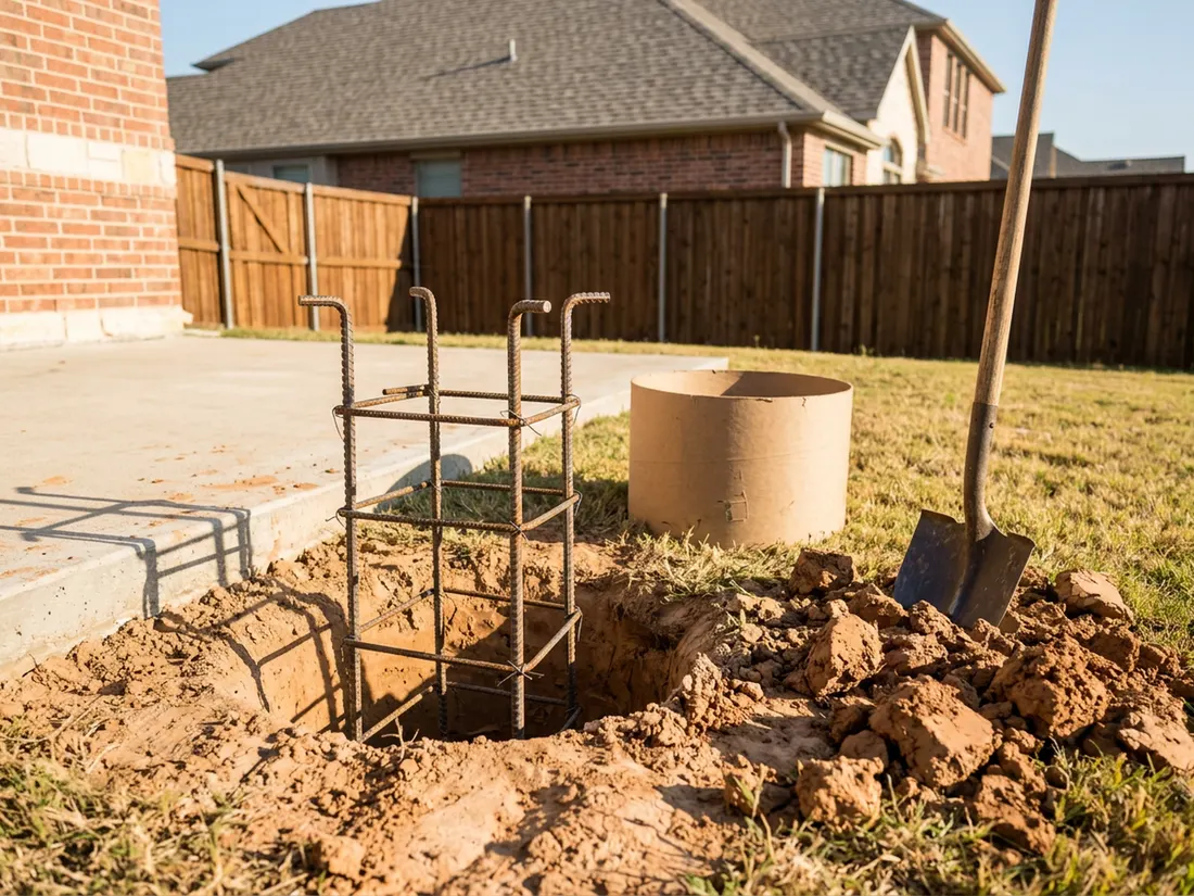 Drilled pier footing hole with rebar cage in Abilene clay soil before the concrete pour