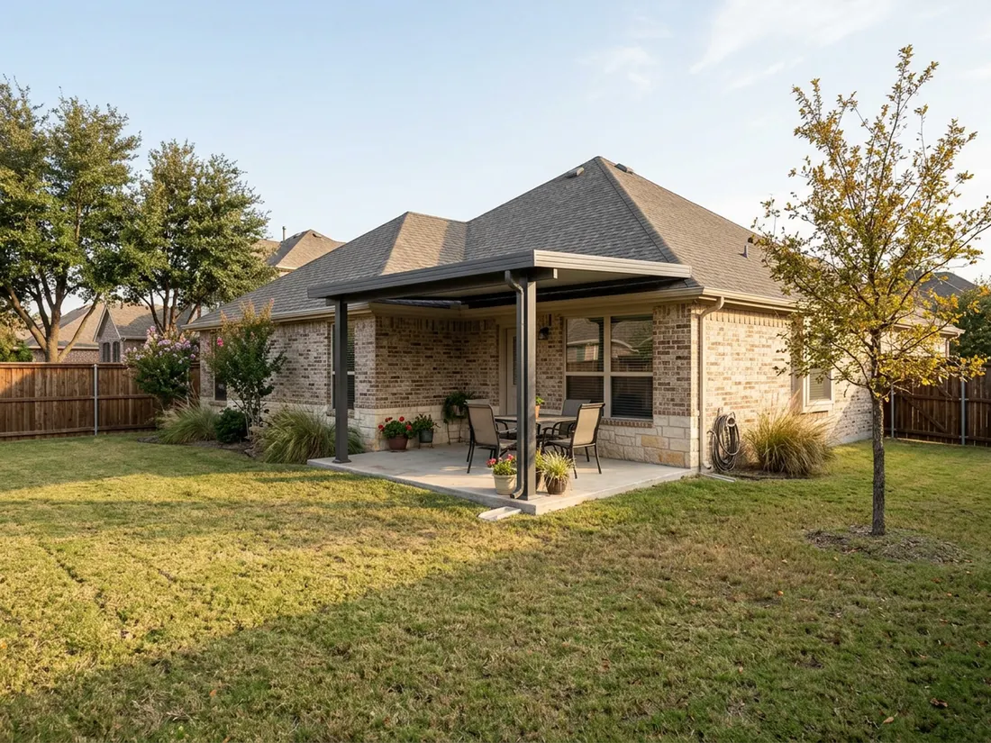 Charcoal aluminum patio cover firmly anchored to the brick wall of an Abilene home in fall