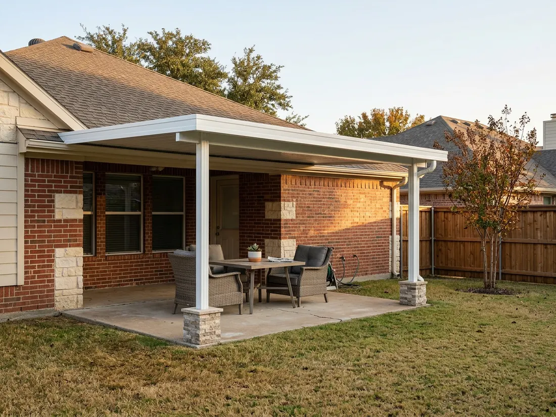 Insulated white patio cover on a west-facing brick North Texas home in warm autumn afternoon light