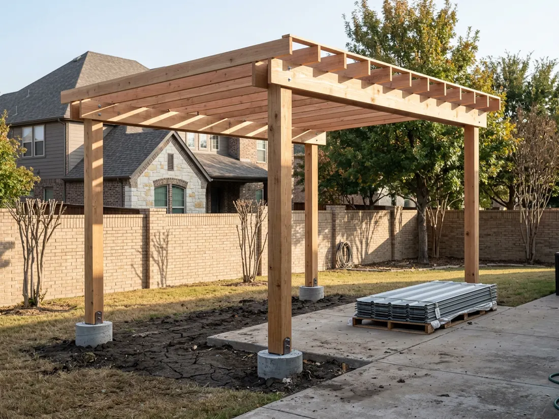 Freestanding patio cover framing with posts set on concrete piers in North Texas clay before the roof deck is installed