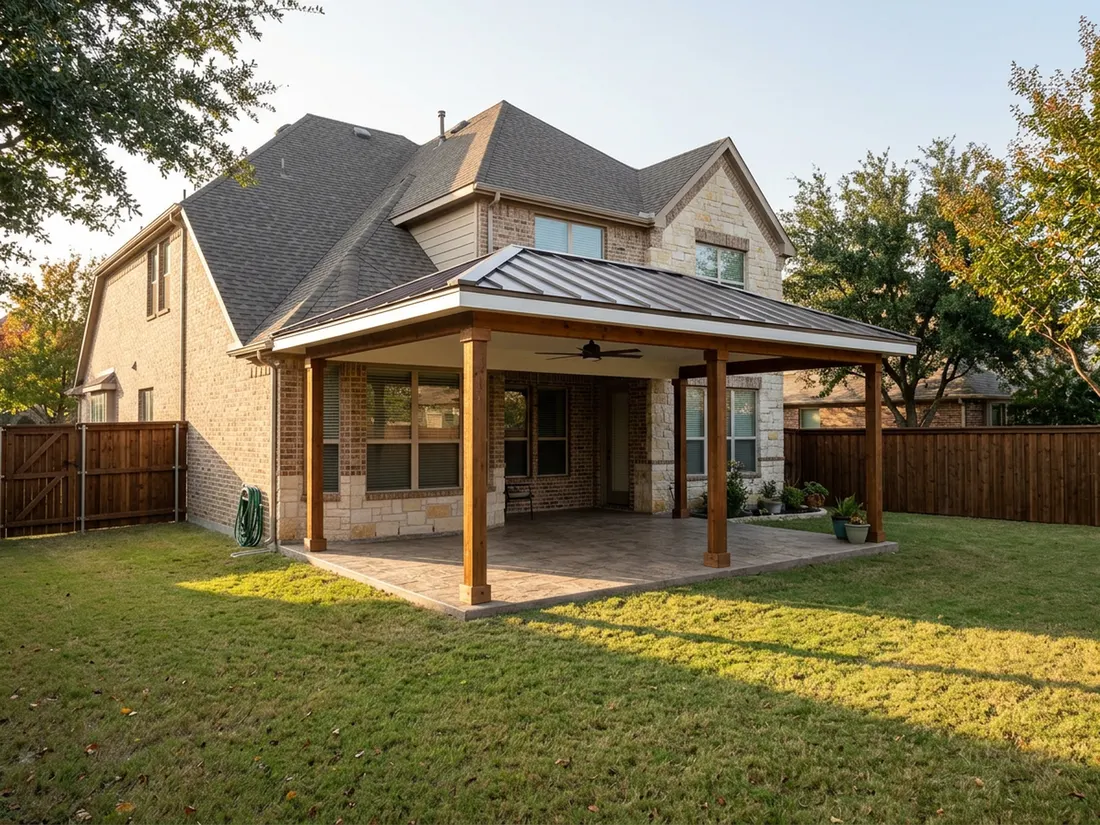 Attached patio cover with a stained wood frame and standing-seam roof on a tan brick North Texas home