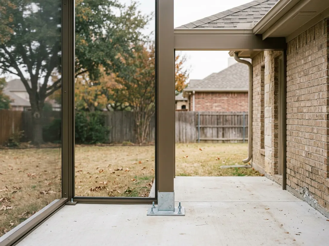 Close view of an aluminum enclosure post anchored to a concrete slab and tied into brick