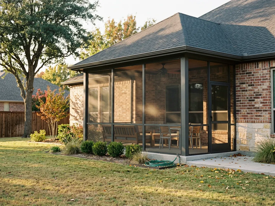 Wide view of a screened patio enclosure with solid roof on a Dallas brick home in fall