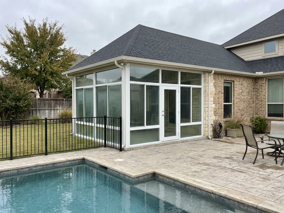 Glass sunroom with white frame beside a backyard pool, condensation on the lower panes