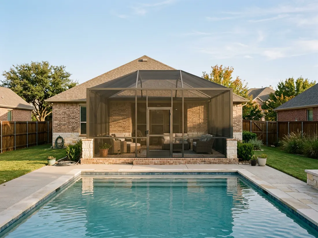 Screened patio enclosure with bronze frame attached to a brick Texas home beside a backyard pool