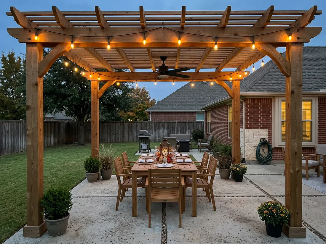 Cedar pergola with warm string lighting over a patio dining table at dusk in North Texas