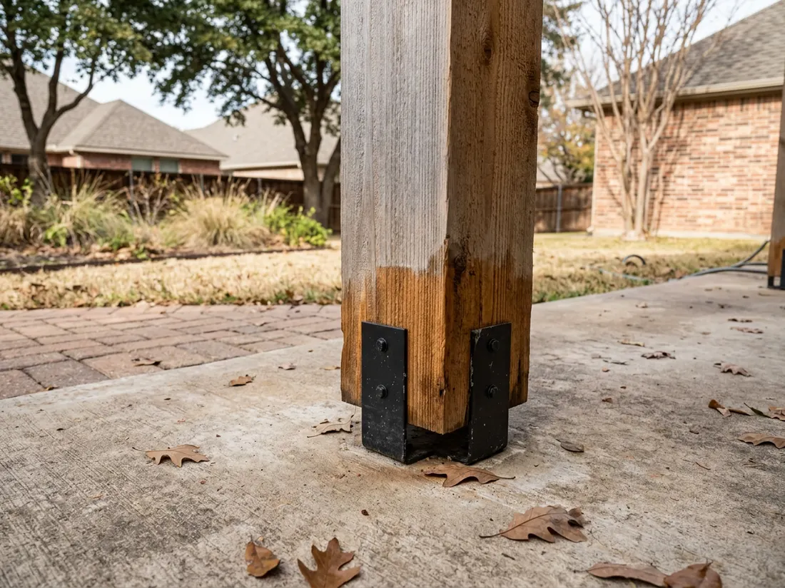 Close-up of a cedar pergola post raised on a metal standoff base with sealed wood