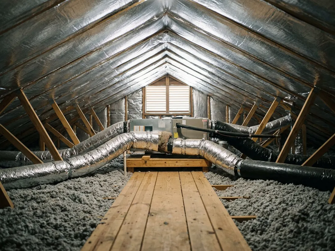 Flexible duct runs and an air handler in a Dallas attic above level gray blow-in insulation under a silver-coated roof deck