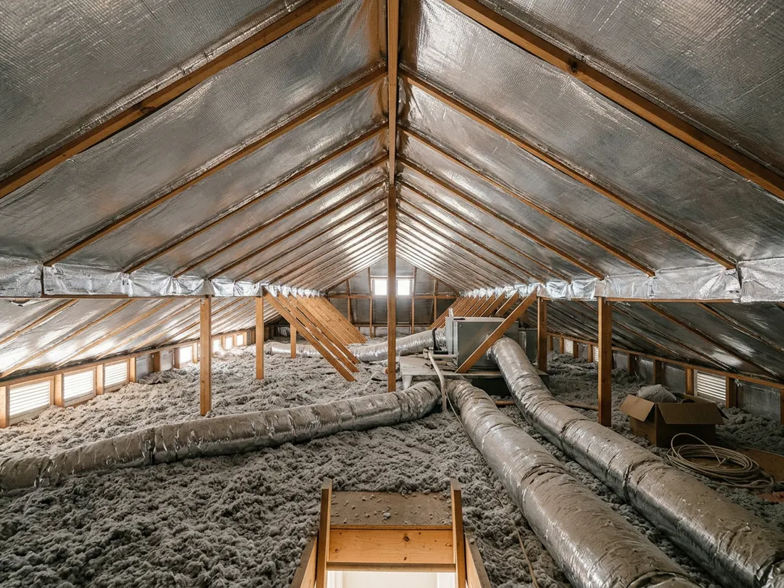 Attic interior in a North Texas home with a silver reflective coating on the underside of the roof deck above blow-in insulation and flex ductwork
