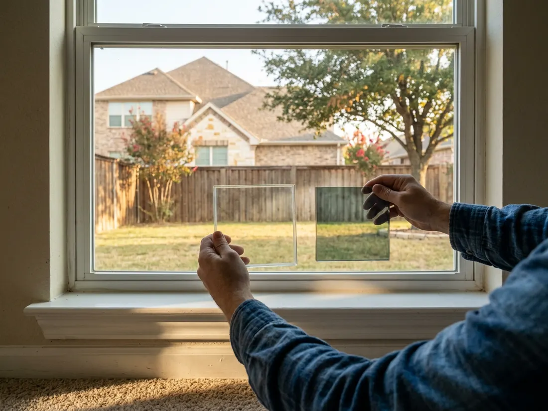 Two glass corner samples held against a sunlit west window to compare how much sun each lets through