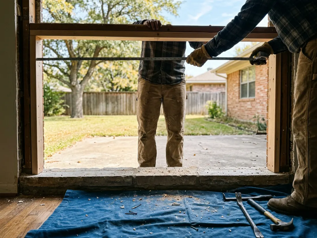 Crew member measuring a bare rough window opening in a brick wall to check it is square before installing a new window