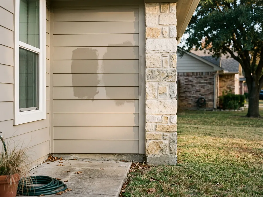 Test patches of greige paint on fiber cement siding beside tan limestone on a North Texas home
