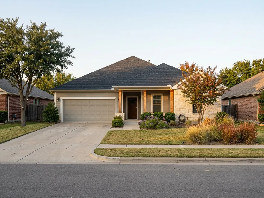 Texas ranch home with greige fiber cement siding, white trim and limestone accents in autumn light