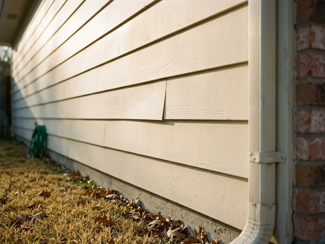 Raking morning light across cream lap siding showing ripples, a joint gap and a bowed course