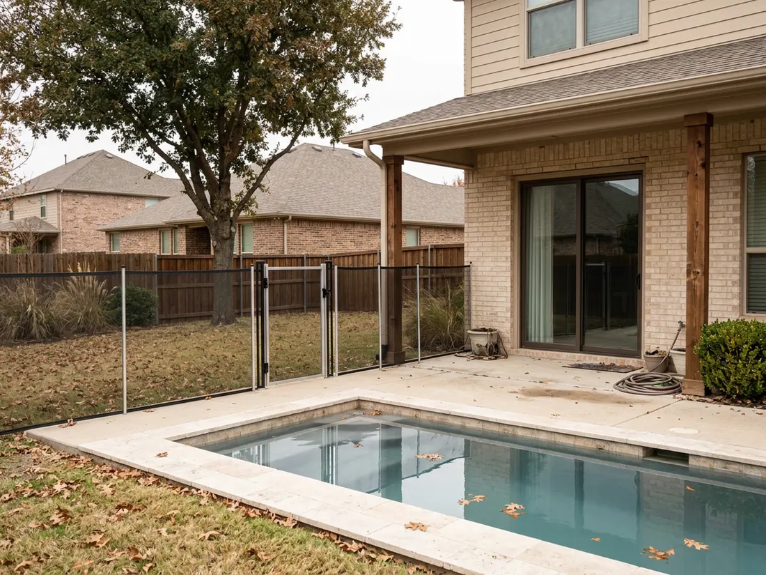 Ground-floor sliding glass door opening onto a fenced backyard pool in a Texas home