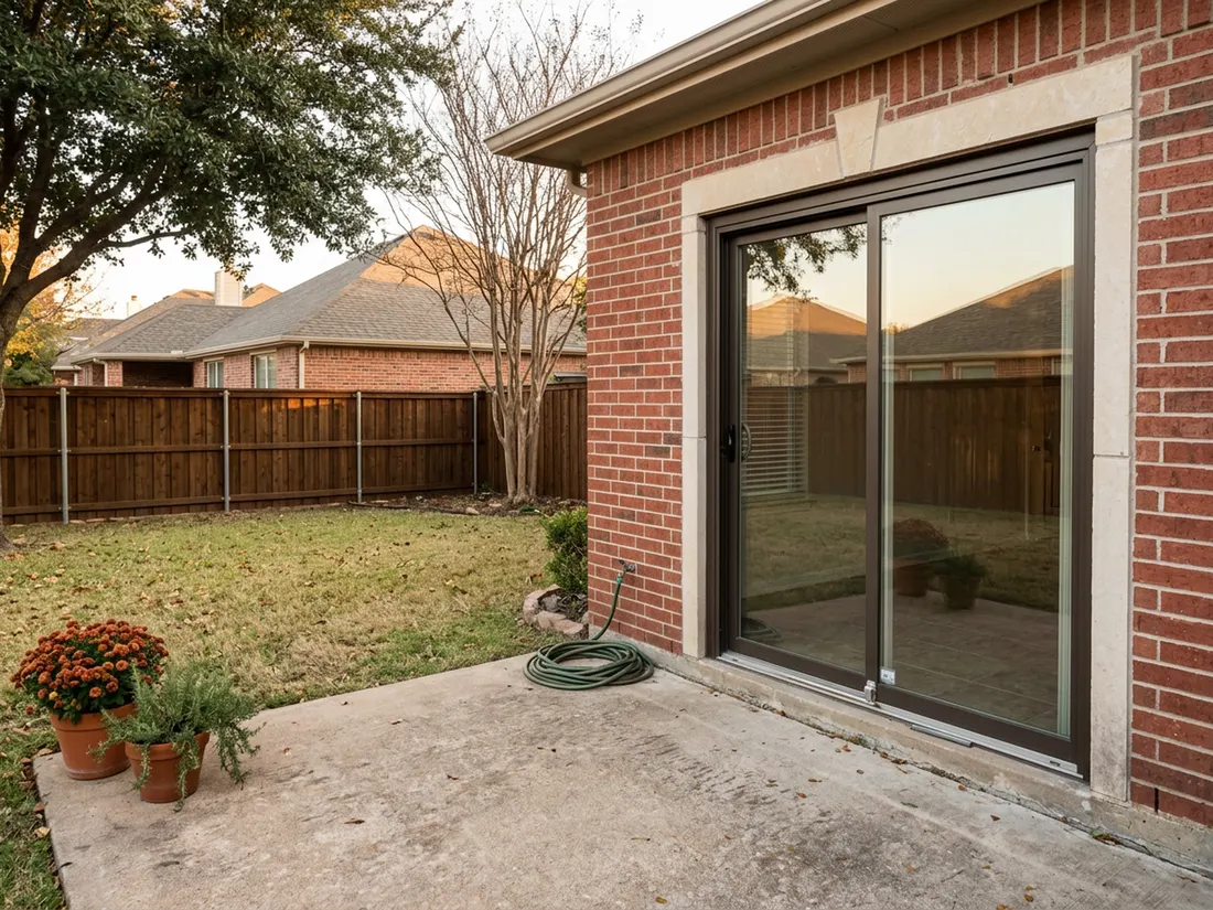 Closed bronze-framed sliding glass patio door on a brick North Texas house in autumn light