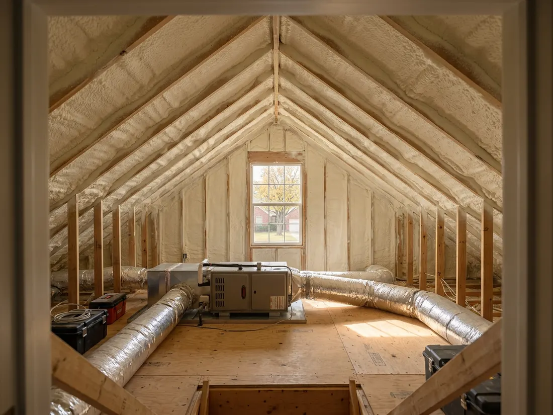 Dallas attic with pale spray foam on the roof deck and ductwork inside