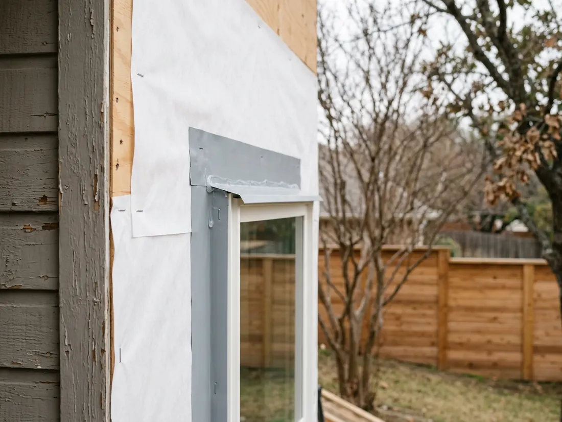 Close view of new weather barrier and window-head flashing lapped correctly on repaired wall sheathing